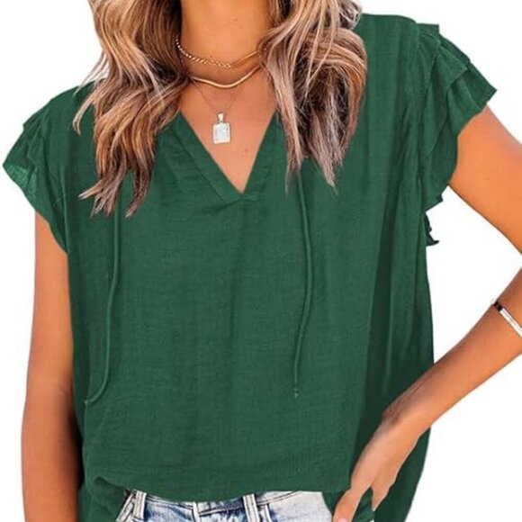 Dokotoo V-Neck Top Adjustable Drawstring Ruffled Cap Sleeves Deep Green W US XL - Picture 4 of 7